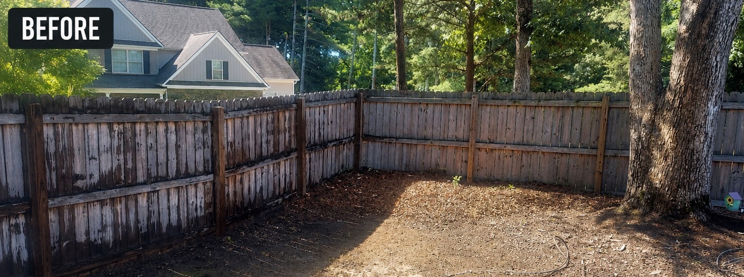 A weathered gray wood privacy fence corner before cleaning and staining